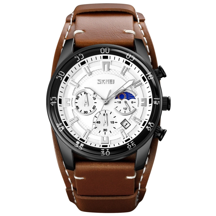 SKMEI 9249 Men Moonphase Calendar Stopwatch Leather Strap Quartz Watch(Brown Silver) - free shipping - PMC TechLife - Order now!