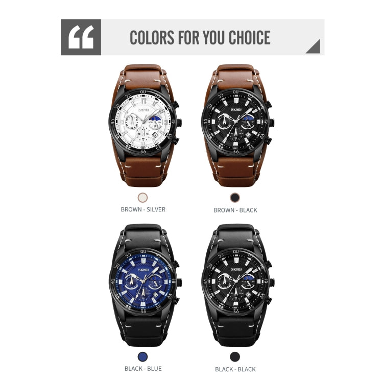 SKMEI 9249 Men Moonphase Calendar Stopwatch Leather Strap Quartz Watch(Black) - free shipping - PMC TechLife - Order now!