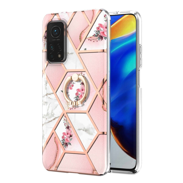 For Xiaomi Mi 10T / Mi 10T Pro Electroplating Splicing Marble Flower Pattern TPU Shockproof Case with Rhinestone Ring Holder(Pink Flower) - Xiaomi Cases by PMC Jewellery | Online Shopping South Africa | PMC Jewellery