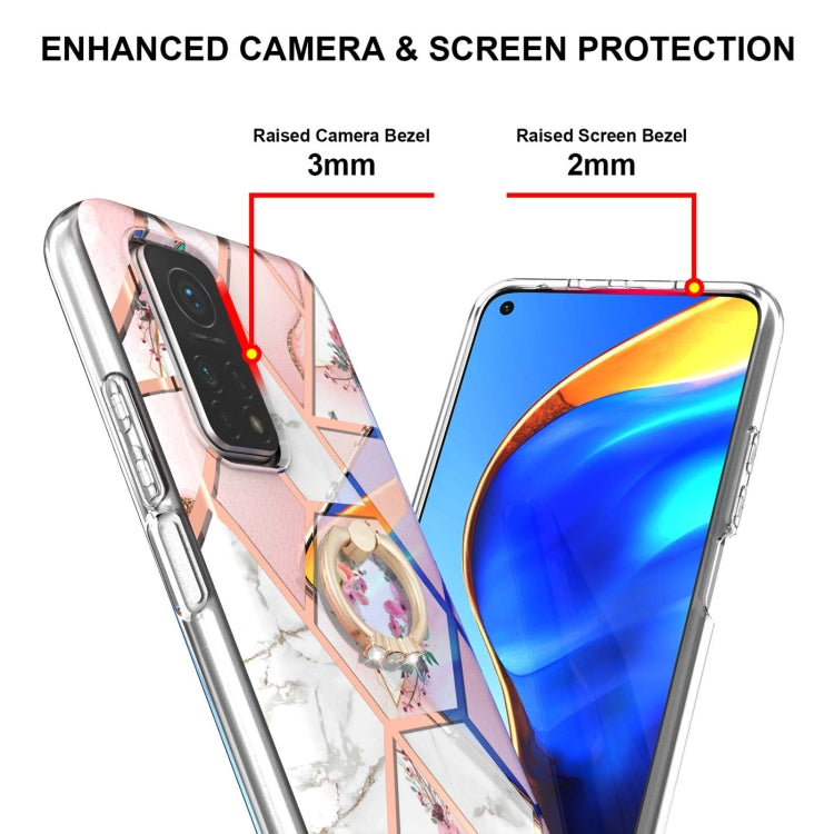 For Xiaomi Mi 10T / Mi 10T Pro Electroplating Splicing Marble Flower Pattern TPU Shockproof Case with Rhinestone Ring Holder(Pink Flower) - Xiaomi Cases by PMC TechLife | Online Shopping South Africa | PMC TechLife