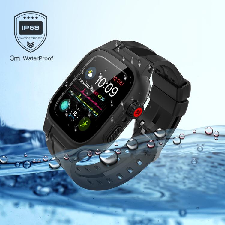 For Apple Watch Series SE 2&6&SE&5&4 44mm RedPepper IP68 Waterproof Screen Protector + Watchband + Protective Case(Black) - free shipping - PMC TechLife - Order now!