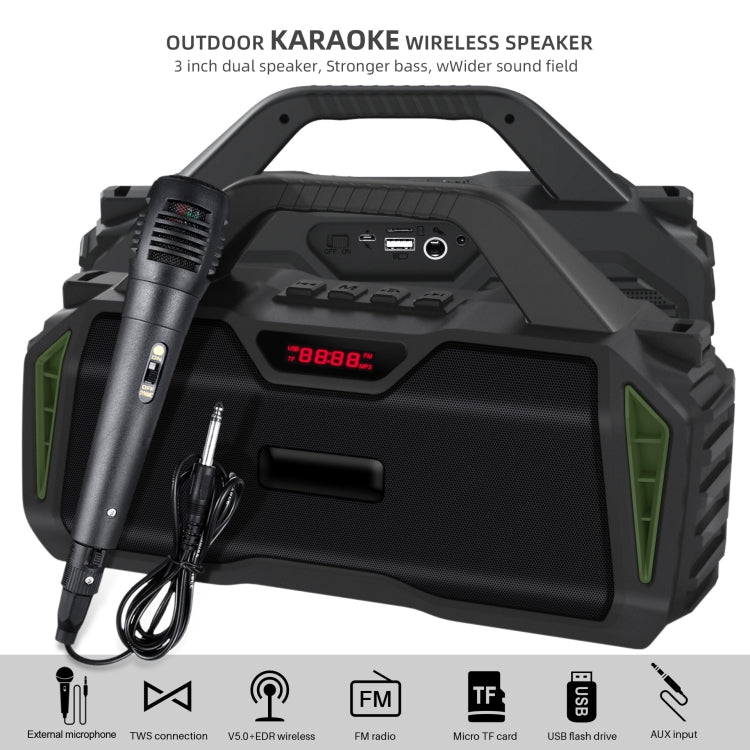 New Rixing NR-6011M Bluetooth 5.0 Portable Outdoor Karaoke Wireless Bluetooth Speaker with Microphone & Shoulder Strap(Green) - Desktop Speaker by NewRixing | Online Shopping South Africa | PMC Jewellery | Buy Now Pay Later Mobicred