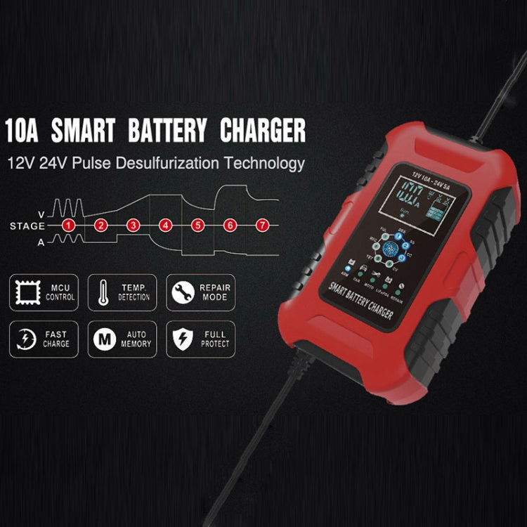 FOXSUR 10A 12V 7-segment Motorcycle / Car Smart Battery Charger, Plug Type:EU Plug(Red) - Battery Charger by FOXSUR | Online Shopping South Africa | PMC Jewellery | Buy Now Pay Later Mobicred