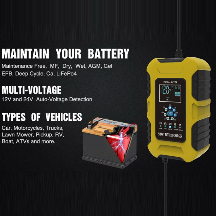 FOXSUR 10A 12V 7-segment Motorcycle / Car Smart Battery Charger, Plug Type:UK Plug(Yellow) - Battery Charger by FOXSUR | Online Shopping South Africa | PMC Jewellery | Buy Now Pay Later Mobicred