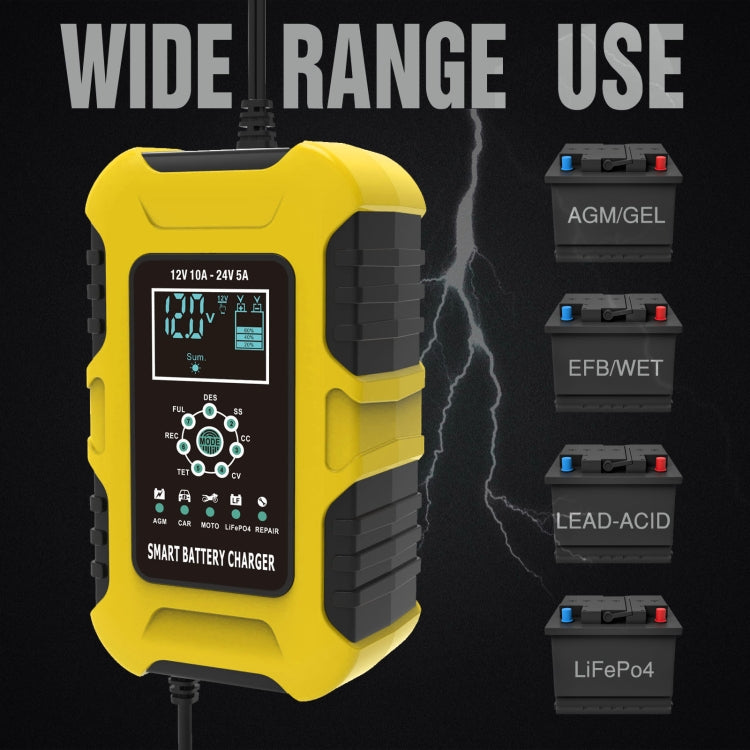 FOXSUR 10A 12V 7-segment Motorcycle / Car Smart Battery Charger, Plug Type:US Plug(Yellow) - Battery Charger by FOXSUR | Online Shopping South Africa | PMC TechLife | Buy Now Pay Later Mobicred