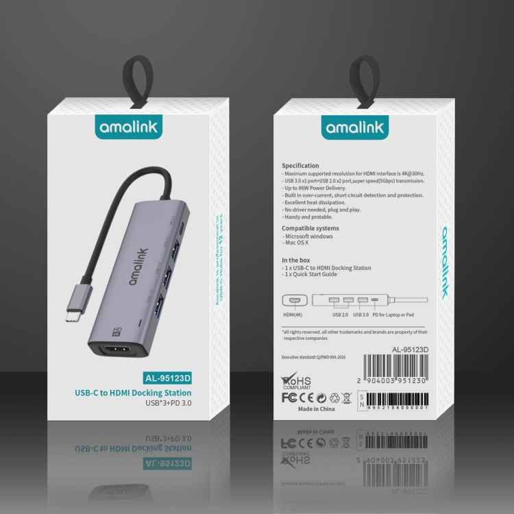 amalink 95123D Type-C / USB-C to HDMI + 3 Ports USB + PD 3.0 Multi-function HUB(Grey) - free shipping - PMC Jewellery - Order now!