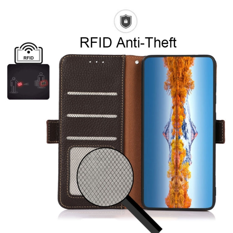 For Motorola Edge 2021 KHAZNEH Side-Magnetic Litchi Genuine Leather RFID Case(Brown) - Motorola Cases by PMC TechLife | Online Shopping South Africa | PMC TechLife | Buy Now Pay Later Mobicred