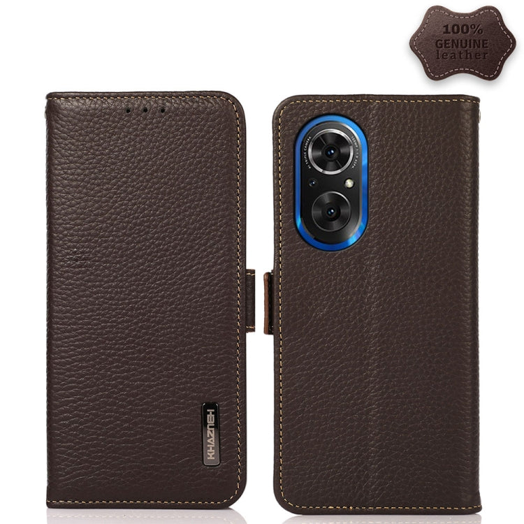 For Honor 50 SE KHAZNEH Side-Magnetic Litchi Genuine Leather RFID Phone Case(Brown) - Honor Cases by PMC TechLife | Online Shopping South Africa | PMC TechLife | Buy Now Pay Later Mobicred