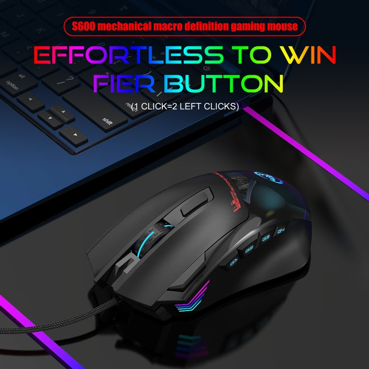 HXSJ S600 USB 7200dpi Adjustable 9-Keys Mechanical Wired Gaming Mouse(Black) - Wired Mice by HXSJ | Online Shopping South Africa | PMC Jewellery | Buy Now Pay Later Mobicred