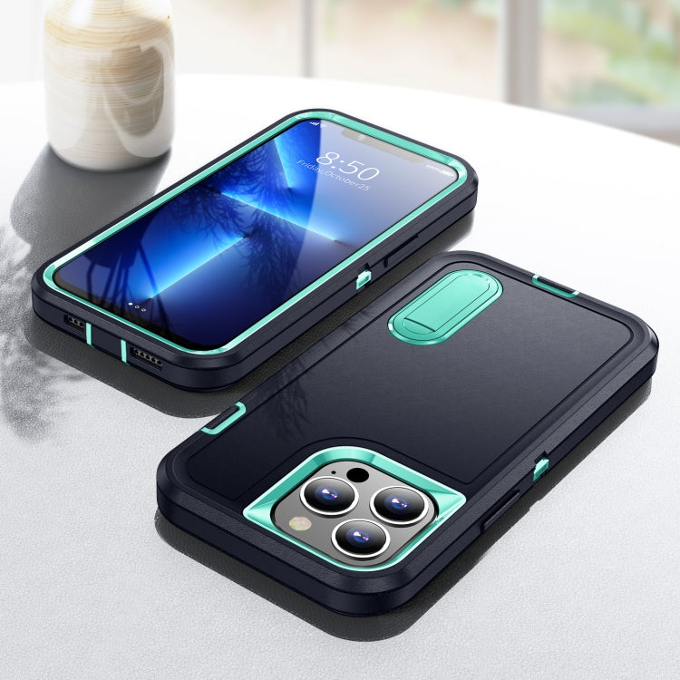 For iPhone 12 / 12 Pro 3 in 1 Rugged Holder Phone Case(Dark Blue+Light Blue) - iPhone 12 / 12 Pro Cases by PMC TechLife | Online Shopping South Africa | PMC TechLife