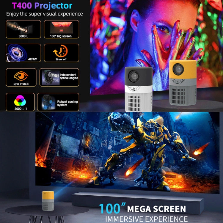 T400 100 inch Screen 3000 Lumens LED Mini Projector, Plug Type:EU Plug(Grey Yellow) - Mini Projector by PMC TechLife | Online Shopping South Africa | PMC TechLife | Buy Now Pay Later Mobicred