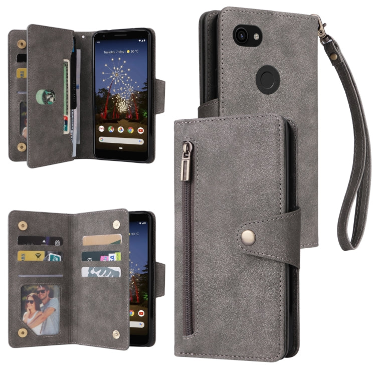 For Google Pixel 3A Rivet Buckle 9 Cards Three Fold Leather Phone Case(Grey) - Google Cases by PMC TechLife | Online Shopping South Africa | PMC TechLife | Buy Now Pay Later Mobicred