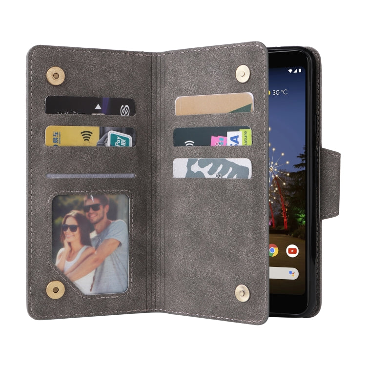 For Google Pixel 3A Rivet Buckle 9 Cards Three Fold Leather Phone Case(Grey) - Google Cases by PMC TechLife | Online Shopping South Africa | PMC TechLife | Buy Now Pay Later Mobicred