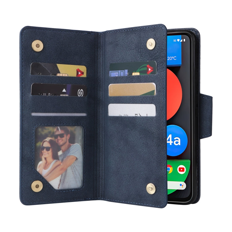 For Google Pixel 4A 5G Rivet Buckle 9 Cards Three Fold Leather Phone Case(Blue) - Google Cases by PMC Jewellery | Online Shopping South Africa | PMC Jewellery | Buy Now Pay Later Mobicred