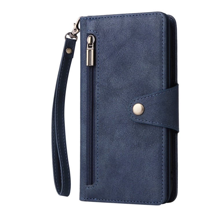 For Google Pixel 4 XL Rivet Buckle 9 Cards Three Fold Leather Phone Case(Blue) - Google Cases by PMC TechLife | Online Shopping South Africa | PMC TechLife | Buy Now Pay Later Mobicred