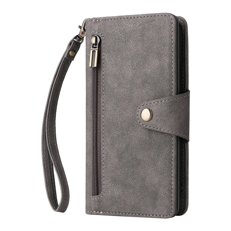 For Google Pixel 4 XL Rivet Buckle 9 Cards Three Fold Leather Phone Case(Grey) - Google Cases by PMC TechLife | Online Shopping South Africa | PMC TechLife | Buy Now Pay Later Mobicred