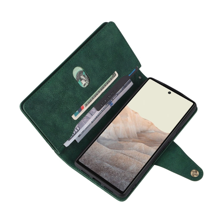 For Google Pixel 6 Rivet Buckle 9 Cards Three Fold Leather Phone Case(Green) - Google Cases by PMC TechLife | Online Shopping South Africa | PMC TechLife | Buy Now Pay Later Mobicred
