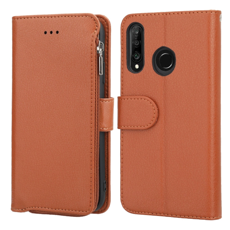 For Huawei P30 Lite Microfiber Zipper Horizontal Flip Leather Case(Brown) - Huawei Cases by PMC TechLife | Online Shopping South Africa | PMC TechLife | Buy Now Pay Later Mobicred