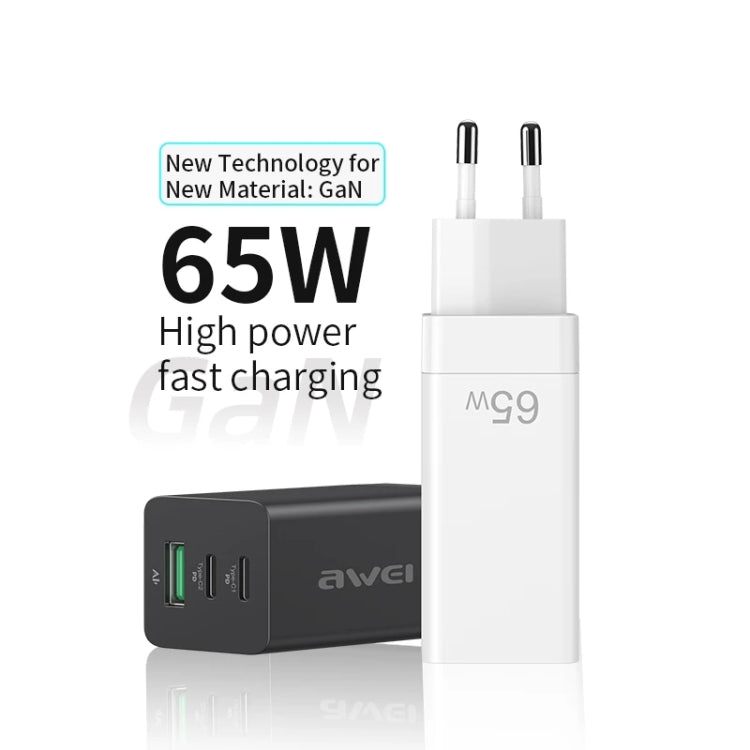 awei PD9 65W Dual Type-C / USB-C + USB GaN Fast Charging Travel Charger, EU Plug(White) - USB Charger by awei | Online Shopping South Africa | PMC Jewellery | Buy Now Pay Later Mobicred