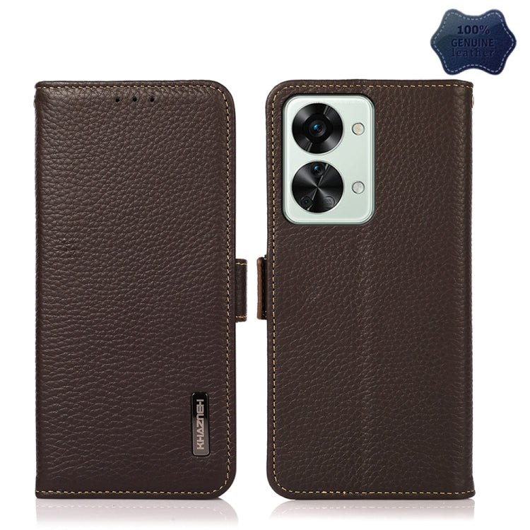 For OnePlus Nord 2T 5G KHAZNEH Litchi Texture RFID Genuine Leather Phone Case(Brown) - OnePlus Cases by PMC TechLife | Online Shopping South Africa | PMC TechLife | Buy Now Pay Later Mobicred