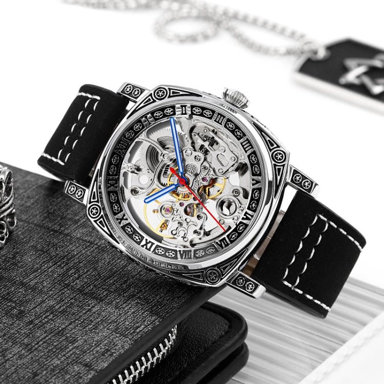 SKMEI 9271 Stainless Steel Buckle Leather Strap Waterproof Mechanical Watch(Black) - free shipping - PMC TechLife - Order now!
