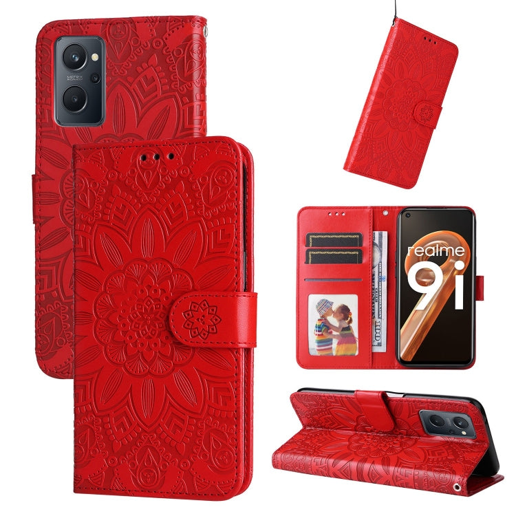 For OPPO Realme 9i / A36 4G / A76 4G Embossed Sunflower Leather Phone Case(Red) - Realme Cases by PMC Jewellery | Online Shopping South Africa | PMC Jewellery | Buy Now Pay Later Mobicred