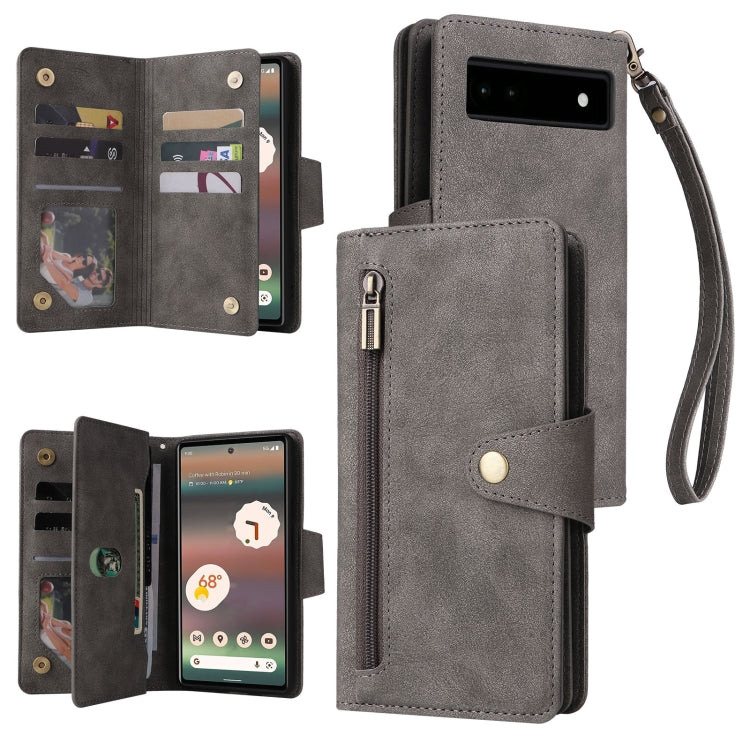 For Google Pixel 6a Rivet Buckle 9 Cards Three Fold Leather Phone Case(Grey) - Google Cases by PMC TechLife | Online Shopping South Africa | PMC TechLife | Buy Now Pay Later Mobicred