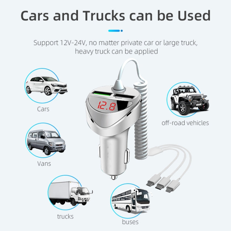 C68 LED Digital Display QC3.0 Fast Car Charger 3 in 1 with Spring Cable (Silver) - Car Charger by PMC TechLife | Online Shopping South Africa | PMC TechLife | Buy Now Pay Later Mobicred