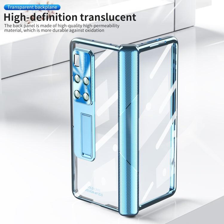 For Huawei Mate X2 Magnetic Hinges Plating Phone Case with Holder(Blue) - Huawei Cases by PMC TechLife | Online Shopping South Africa | PMC TechLife | Buy Now Pay Later Mobicred