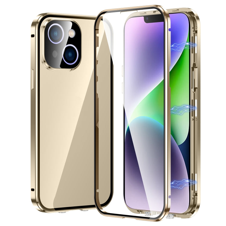 For iPhone 14 Plus Magnetic Double-buckle HD Tempered Glass Phone Case (Gold) - iPhone 14 Plus Cases by PMC TechLife | Online Shopping South Africa | PMC TechLife | Buy Now Pay Later Mobicred
