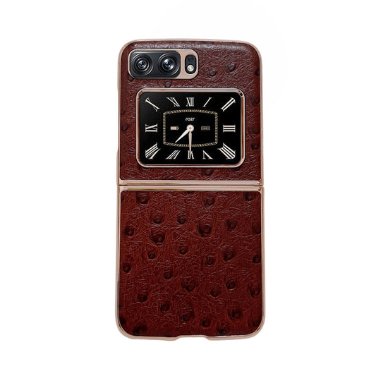 For Motorola Moto Razr 2022 Genuine Leather Ostrich Texture Nano Plating Phone Case(Coffee) - Motorola Cases by PMC Jewellery | Online Shopping South Africa | PMC Jewellery | Buy Now Pay Later Mobicred