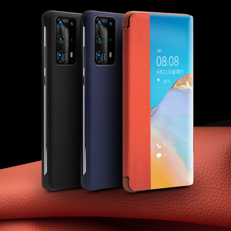 For Huawei P40 QIALINO Litchi Texture Side Window View Leather Phone Case(Blue) - Huawei Cases by QIALINO | Online Shopping South Africa | PMC TechLife | Buy Now Pay Later Mobicred