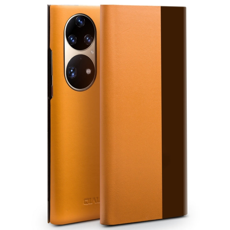 For Huawei P50 QIALINO Magnetic Side Window View Genuine Leather Smart Phone Case(Orange) - free shipping - PMC TechLife - Order now!