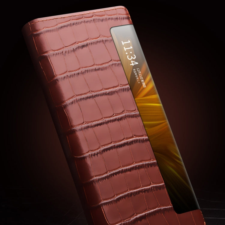 For Huawei Mate X2 QIALINO Crocodile Pattern Side Window View Genuine Leather Phone Case(Brown) - free shipping - PMC TechLife - Order now!