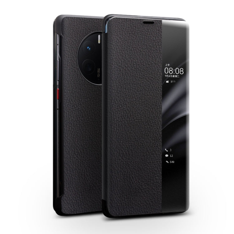 For Huawei Mate 50 QIALINO Genuine Leather Side Window View Smart Phone Case(Black) - Huawei Cases by QIALINO | Online Shopping South Africa | PMC TechLife | Buy Now Pay Later Mobicred