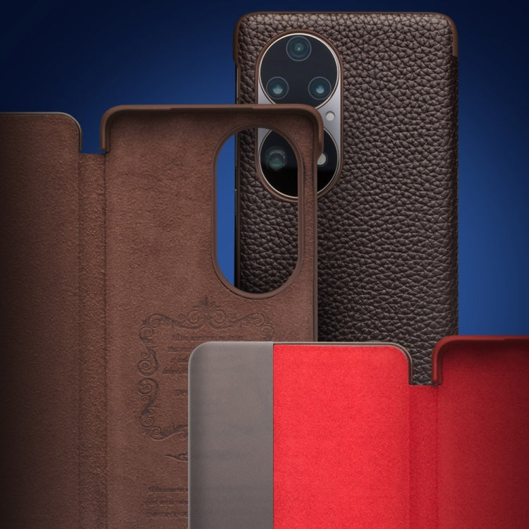 For Huawei P50 Pro QIALINO Genuine Leather Side Window View Smart Phone Case(Brown) - Huawei Cases by QIALINO | Online Shopping South Africa | PMC TechLife | Buy Now Pay Later Mobicred
