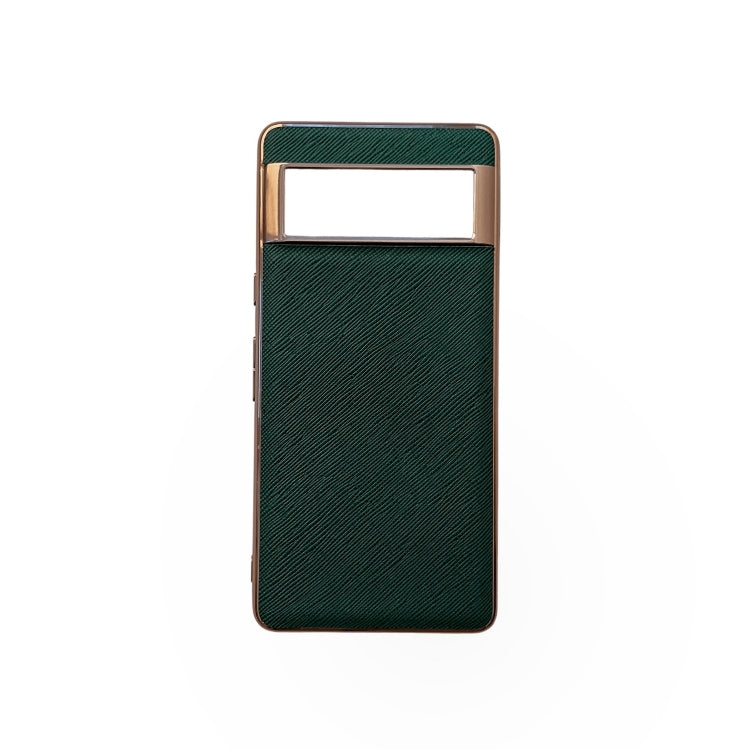 For Google Pixel 6 Nano Electroplating Cross Texture Genuine Leather Phone Case(Green) - Google Cases by PMC TechLife | Online Shopping South Africa | PMC TechLife | Buy Now Pay Later Mobicred