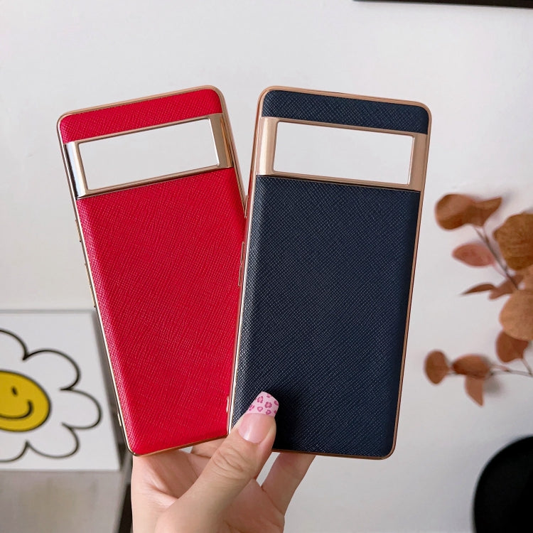 For Google Pixel 6a Nano Electroplating Cross Texture Genuine Leather Phone Case(Red) - Google Cases by PMC TechLife | Online Shopping South Africa | PMC TechLife | Buy Now Pay Later Mobicred