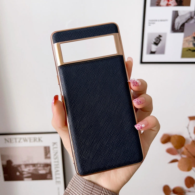 For Google Pixel 7 5G Nano Electroplating Cross Texture Genuine Leather Phone Case(Blue) - Google Cases by PMC TechLife | Online Shopping South Africa | PMC TechLife | Buy Now Pay Later Mobicred