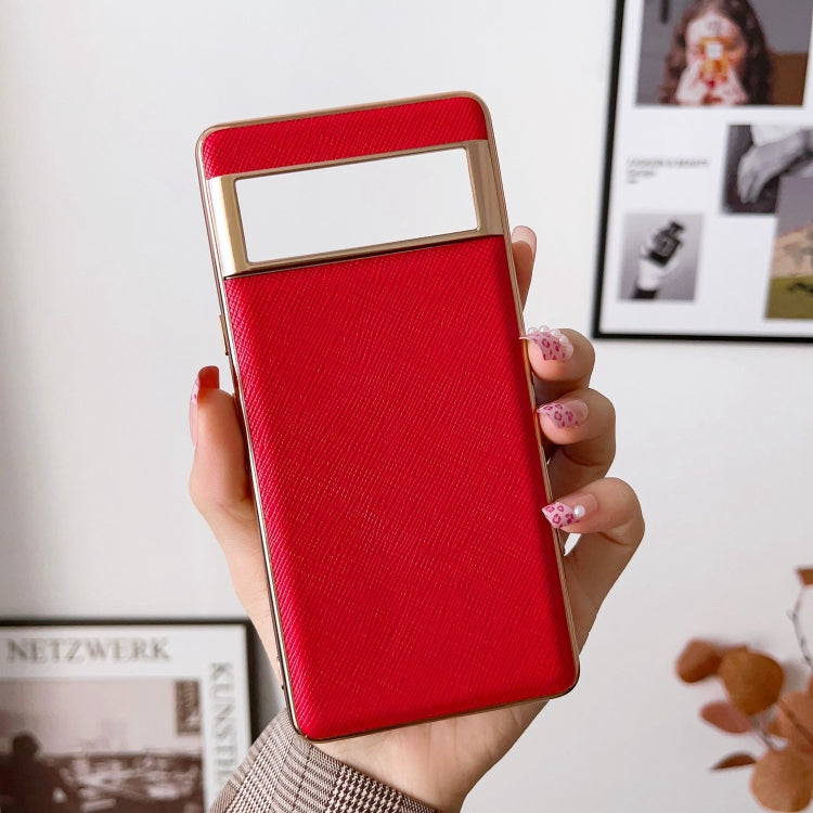 For Google Pixel 7 5G Nano Electroplating Cross Texture Genuine Leather Phone Case(Red) - Google Cases by PMC TechLife | Online Shopping South Africa | PMC TechLife | Buy Now Pay Later Mobicred