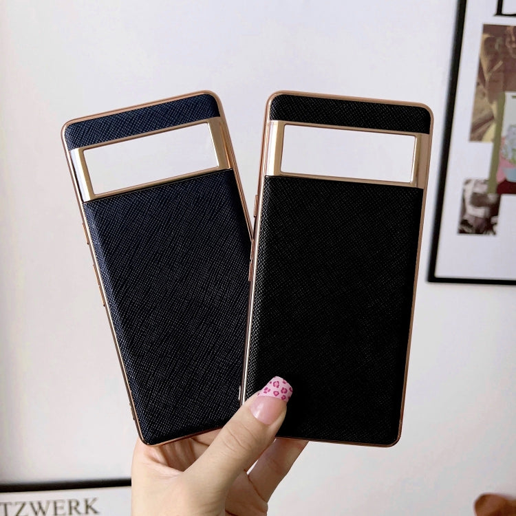 For Google Pixel 7 5G Nano Electroplating Cross Texture Genuine Leather Phone Case(Black) - Google Cases by PMC TechLife | Online Shopping South Africa | PMC TechLife | Buy Now Pay Later Mobicred