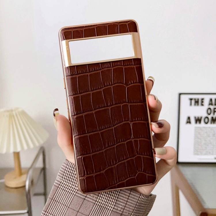 For Google Pixel 6 Crocodile Texture Genuine Leather Electroplating Phone Case(Brown) - Google Cases by PMC TechLife | Online Shopping South Africa | PMC TechLife | Buy Now Pay Later Mobicred