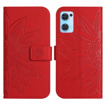 For OPPO Reno7 5G/Find X5 Lite Skin Feel Sun Flower Pattern Flip Leather Phone Case with Lanyard(Red) - OPPO Cases by PMC Jewellery | Online Shopping South Africa | PMC Jewellery | Buy Now Pay Later Mobicred