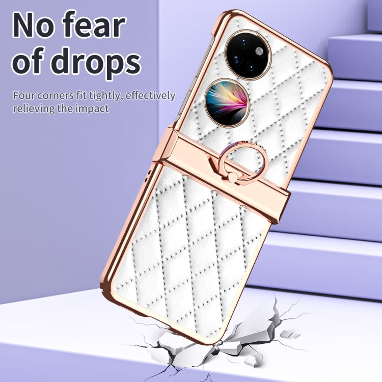For Huawei P50 Pocket Grid Leather Pattern Electroplating Frame Folding Phone Case(White) - Huawei Cases by PMC TechLife | Online Shopping South Africa | PMC TechLife | Buy Now Pay Later Mobicred