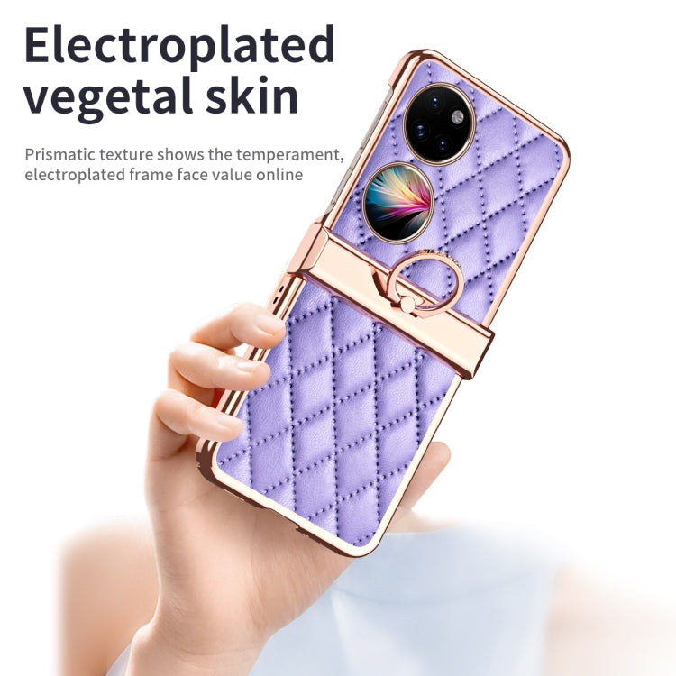 For Huawei P50 Pocket Grid Leather Pattern Electroplating Frame Folding Phone Case(Purple) - free shipping - PMC TechLife - Order now!