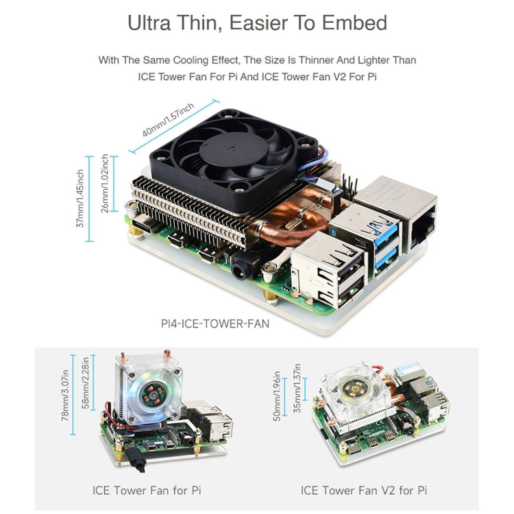 Waveshare Slim ICE Tower Cooling Fan for Raspberry Pi 4B, Power Supply: 5V - Mini PC Accessories by WAVESHARE | Online Shopping South Africa | PMC Jewellery | Buy Now Pay Later Mobicred