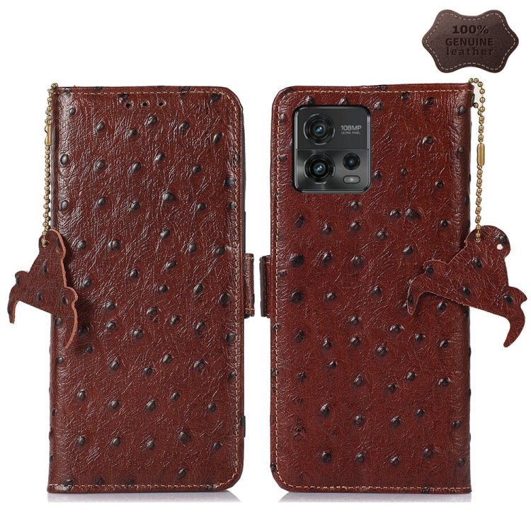 For Motorola Moto G72 4G Ostrich Pattern Genuine Leather RFID Phone Case(Coffee) - Motorola Cases by PMC TechLife | Online Shopping South Africa | PMC TechLife | Buy Now Pay Later Mobicred