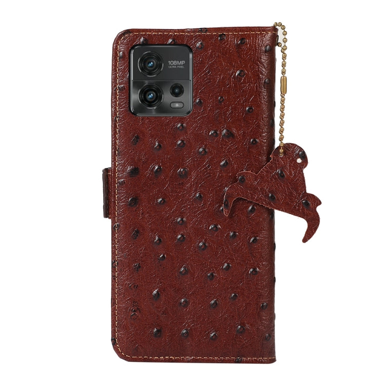 For Motorola Moto G72 4G Ostrich Pattern Genuine Leather RFID Phone Case(Coffee) - Motorola Cases by PMC TechLife | Online Shopping South Africa | PMC TechLife | Buy Now Pay Later Mobicred