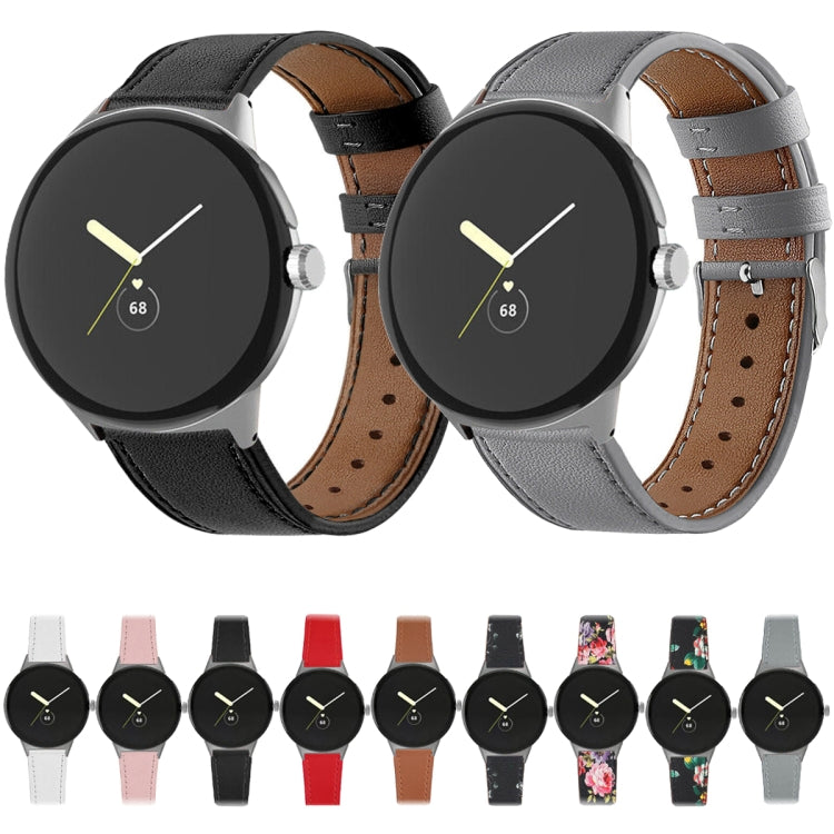 For Google Pixel Watch 1 / 2 / 3 41mm Round Tail Genuine Leather Watch Band(Black White Flower) - free shipping - PMC TechLife - Order now!
