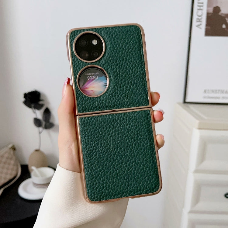 For Huawei P50 Pocket Nano Electroplating Litchi Texture Genuine Leather Phone Case(Green) - Huawei Cases by PMC TechLife | Online Shopping South Africa | PMC TechLife | Buy Now Pay Later Mobicred